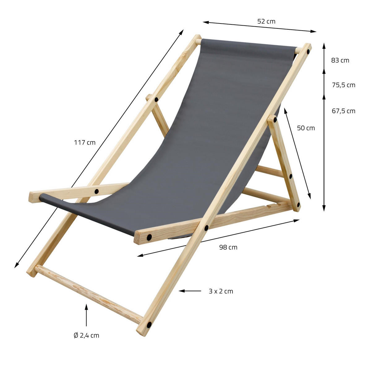 LIEGESTUHL samt Anthrazit - Anthrazit, Holz (52/83/117cm) - ECD-Germany