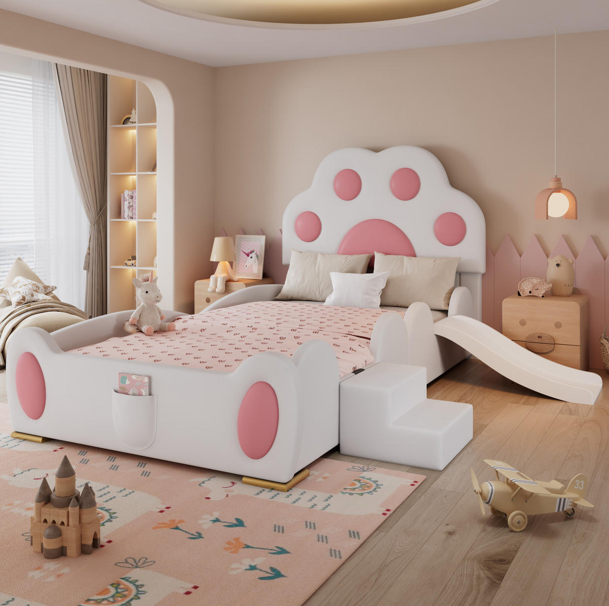 POLSTERBETT mit Rutsche und Leiter 90x200 cm PU Rosa/Weiß - Pink, Holzwerkstoff (90/200cm) - Beauniv