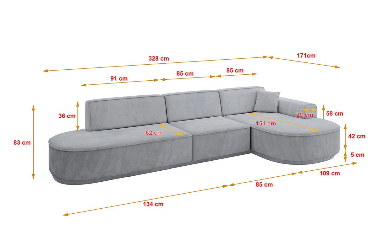 ECKSOFA Ottomane Rechts MARI-L2-v3 - 328x171x83 cm Grau Velours - Schwarz/Grau, Holzwerkstoff/Kunststoff (171/328cm) - ALTDECOR