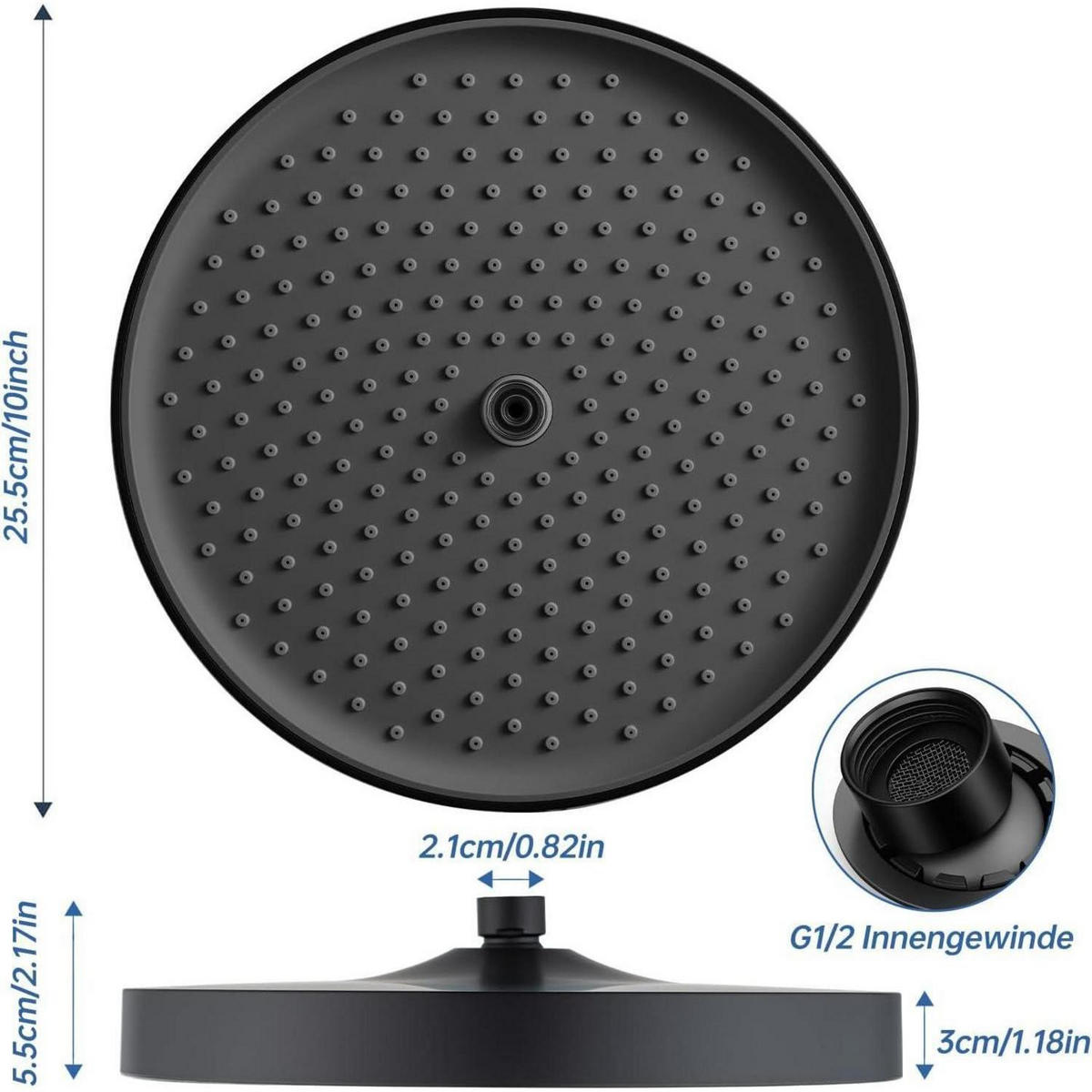 DUSCHKOPF 10 Zoll Regendusche Matt Schwarz - Schwarz, Metall (7/12.7/20cm)