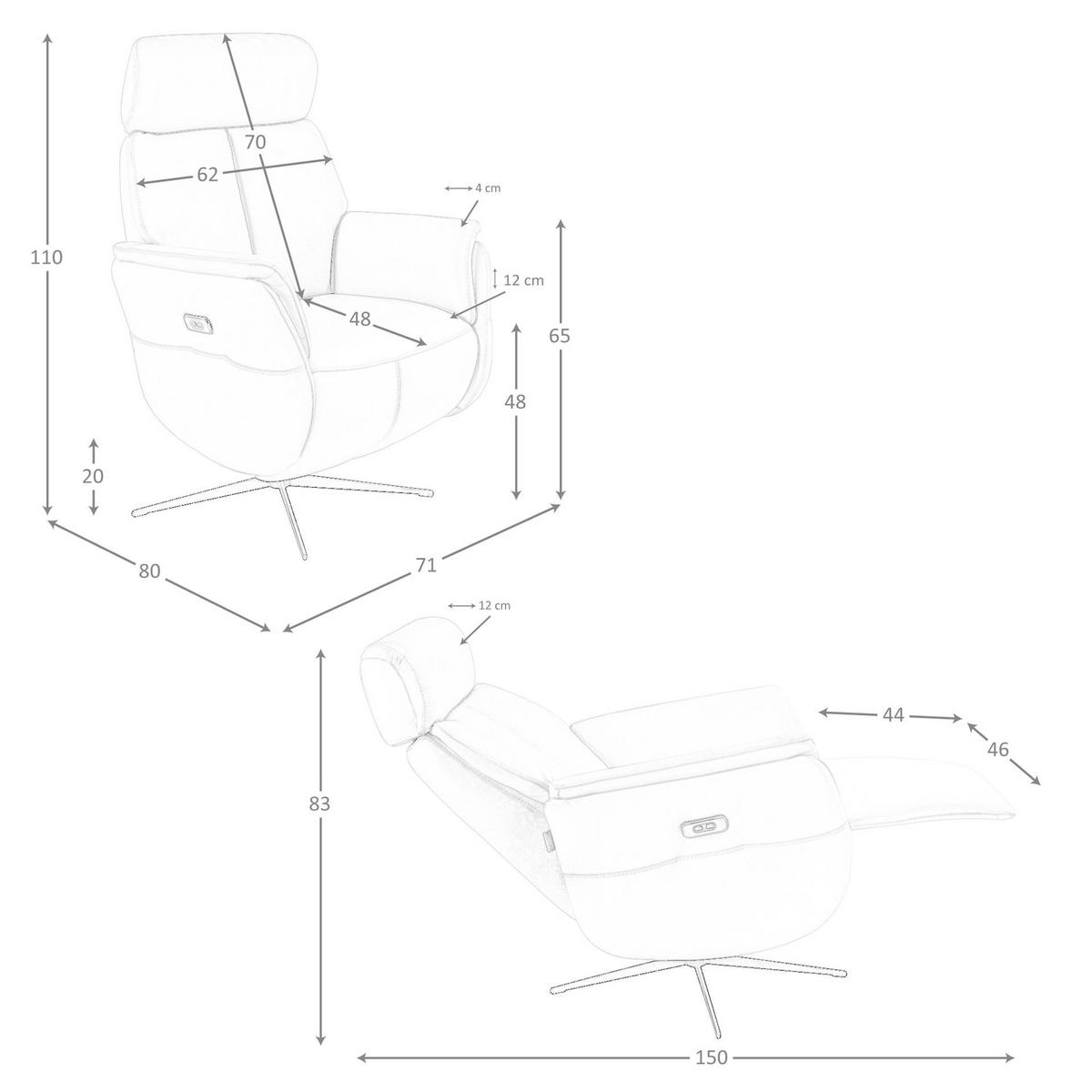 FERNSEHSESSEL Drehbarer Relaxsessel aus perlgrauem Leder 71/80/110 cm - Perlmutt/Hellgrau, Leder/Metall (71/110/80cm) - ANGEL CERDA