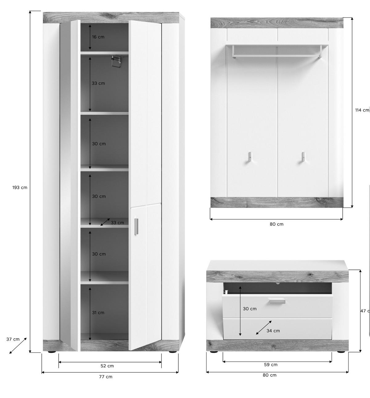 GARDEROBE Set 3-teilig weiß, Eiche 172 cm, Flurgarderobe mit Soft-Close - Eichefarben/Weiß, Holzwerkstoff/Kunststoff (171/191/37cm) - Inn.Furn
