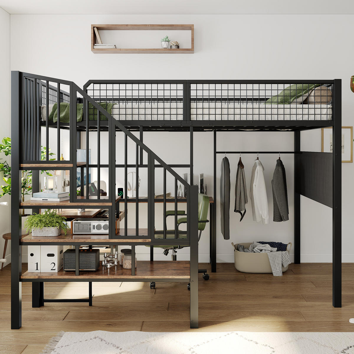 HOCHBETT aus Metall und Holz 140x200 cm Schwarz/Vintage mit Eckschreibtisch, Treppe und Ladeanschluss - Schwarz, Metall (140/200cm) - Modfu