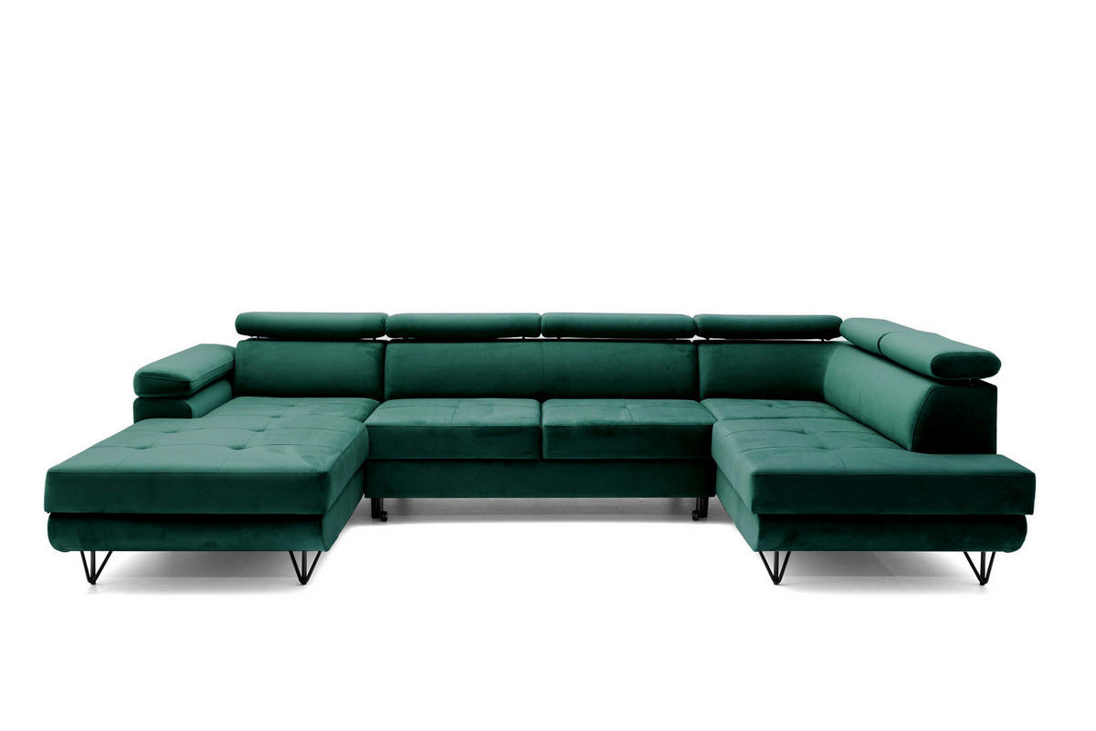 ECKSOFA U-Form JUNIOR U Rechts mit Schlaffunktion 128x254 Velours Dunkelgrün - Dunkelgrün/Schwarz, Holz/Textil (184/90/323cm) - Muffo