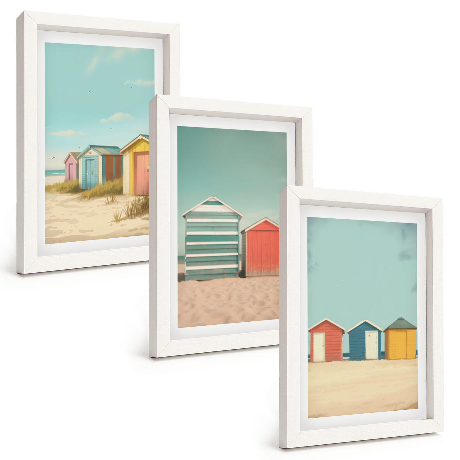 BILDER SET 3er Set - 20x30 cm Weißer Rahmen - Bunte Häuser, Strand, Sonne - Weiß, Kunststoff (20/30cm) - TULUP