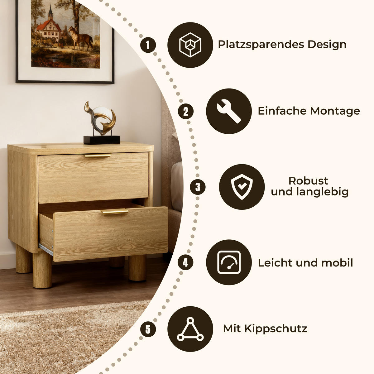 NACHTTISCH mit 2 Schubladen mit zylindrischen Beinen, Holz | B59 x T39 x H55 cm - Braun, Holzwerkstoff (59/55/39cm) - Hometopia