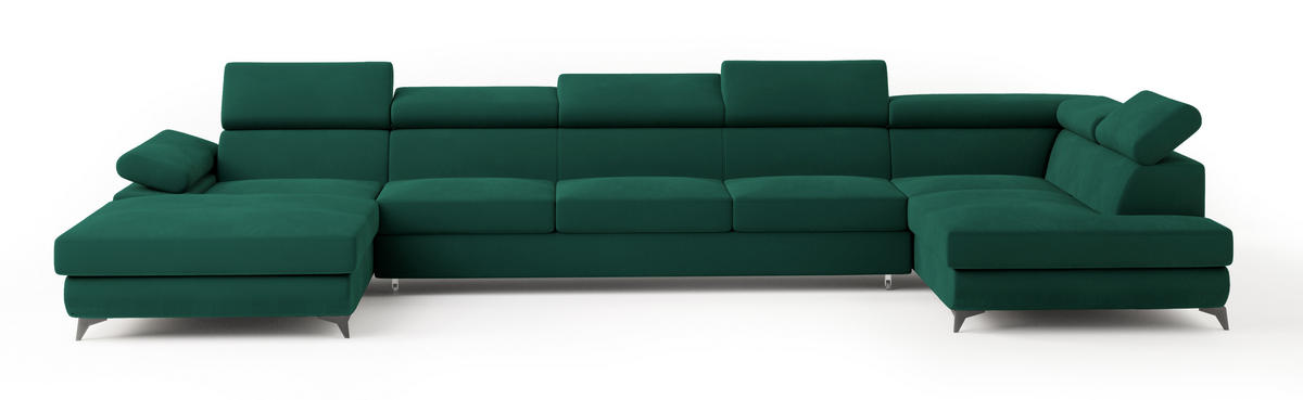 WOHNLANDSCHAFT MONTIVA Grün Velours-Stoff mit Schlaffunktion - Grün, Holz (410/89/190cm) - MASSENO