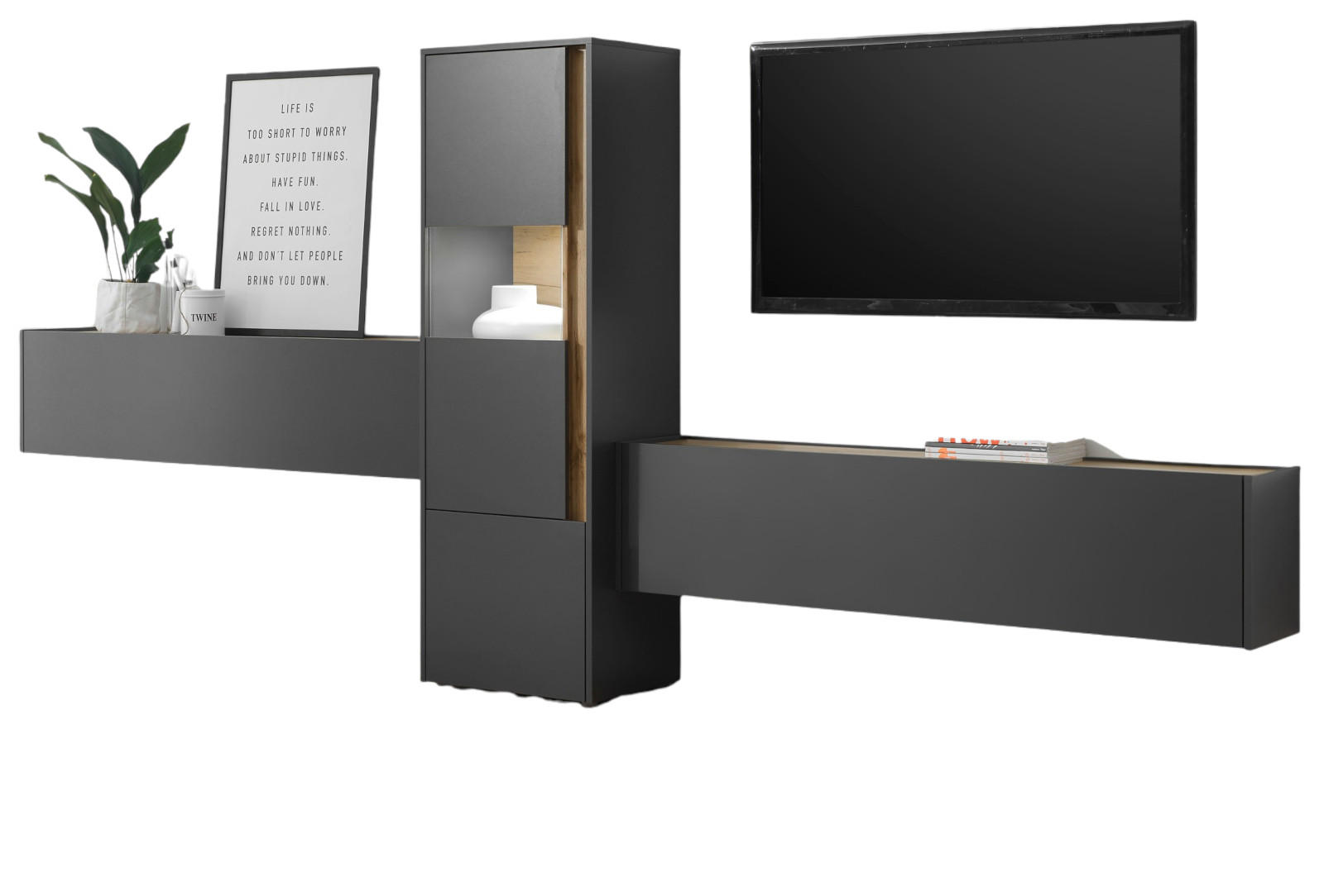 WOHNWAND 3-teilig grau matt, Eiche Wotan 350 cm, Wohnkombination mit viel Stauraum - Eiche Wotan/Grau, Glas/Holz (350/155/40cm) - Furn.Design