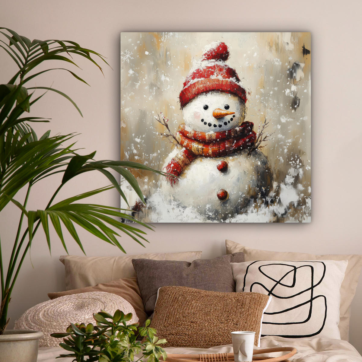 LEINWANDBILD Schneemann - Winter - Schnee - Beige Deko Groß 90x90 cm - Weiß, Textil (90/90cm) - MuchoWow