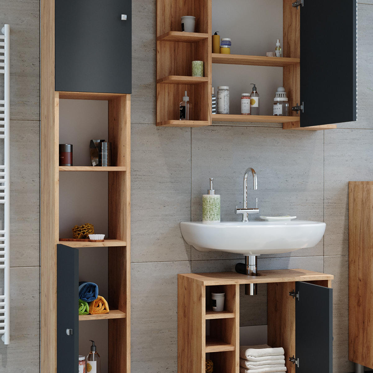 BADMÖBEL-SET Fynn Eiche 3 Teile, mit Hochschrank - Eichefarben/Anthrazit, Holzwerkstoff (60/54/32cm) - Vicco