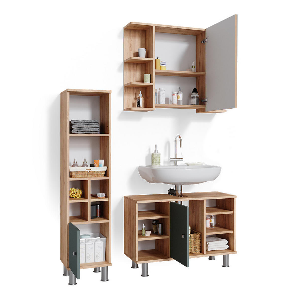 BADMÖBEL-SET Fynn Grün 3 Teile, mit Midischrank Tür klein - Honigeiche/Grün, Holzwerkstoff (60/54/32cm) - Vicco