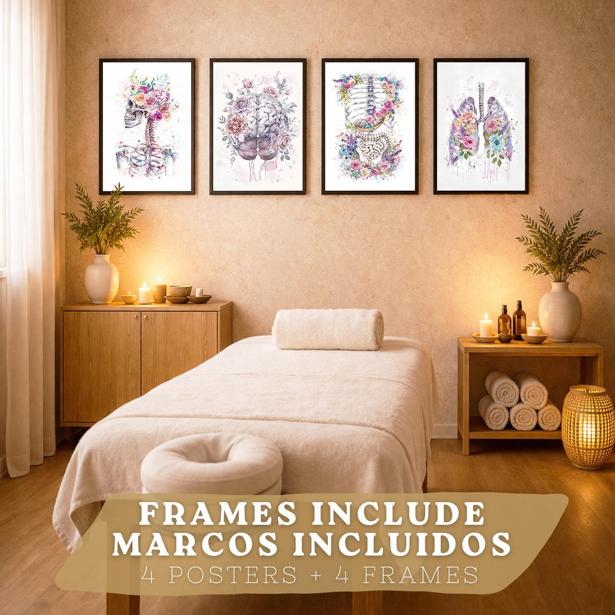POSTER Set aus 4 Anatomie Mensch Drucke und mit Schädel Lungen Verdauungssystem und Gehirn Florales Aquarell Design Größe Schwarzer Rahmen A3 - Schwarz, Papier (29.7/42/3cm) - Nacnic