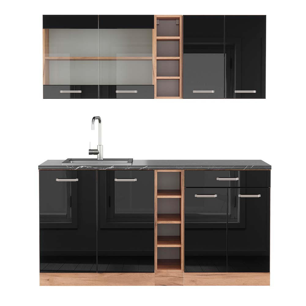 SINGLEKÜCHE R-Line Schwarz Hochglanz/Goldkraft Eiche 160 cm AP Anthrazit - Honigeiche/Schwarz Hochglanz, Holzwerkstoff (160/81.6/60cm) - Vicco