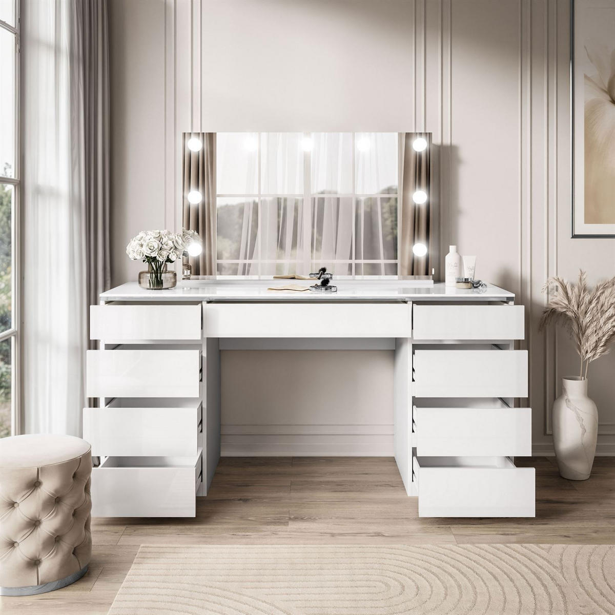 SCHMINKTISCH AURORA DOUBLE SILVER, weiß glänzend - Silberfarben/Weiß, Holzwerkstoff (156.8/79.2/55cm) - Lookway