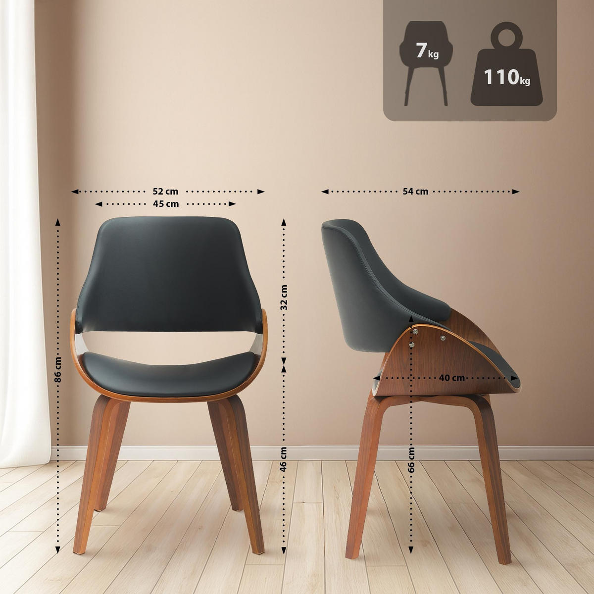 ESSZIMMERSTUHL Vangale 2er Set 86x52x54 cm walnuss/schwarz - Nussbaumfarben, Holz (52/86/54cm) - furnicato