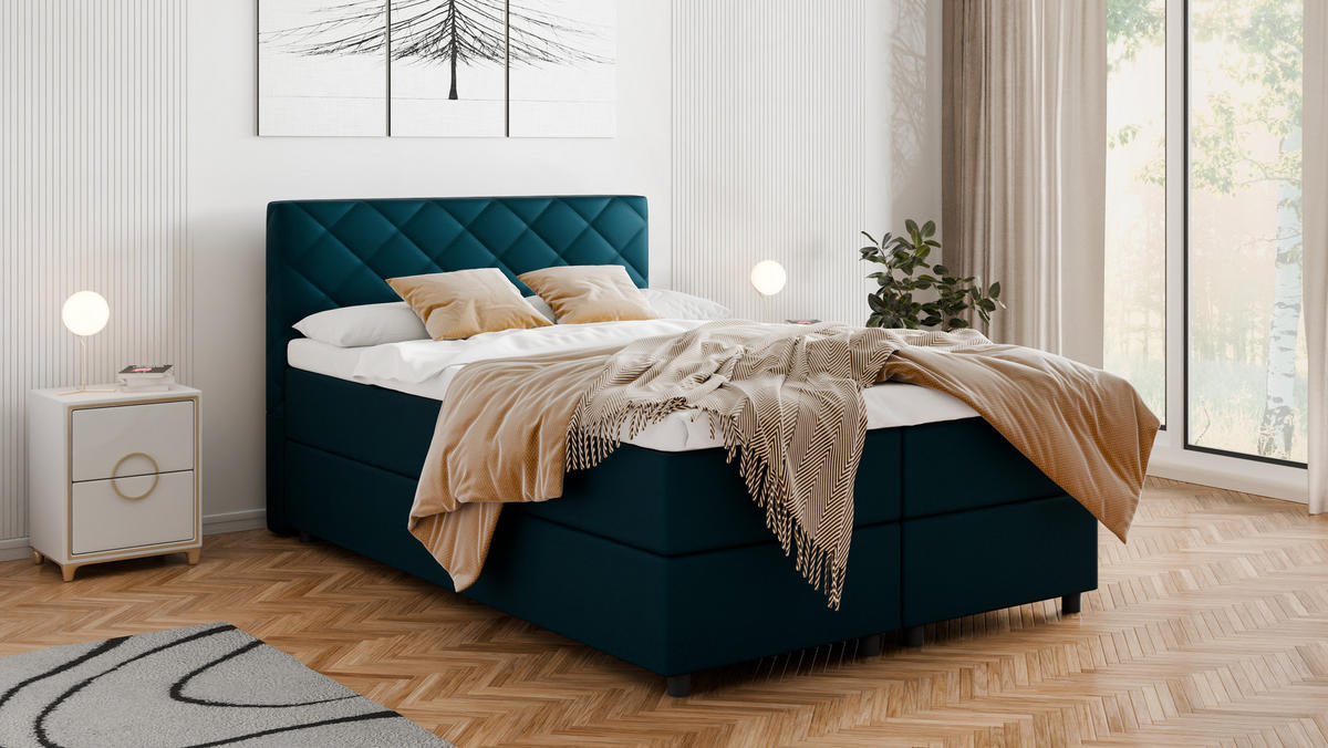 BOXBETT Diamaro 140x200 cm mit Bettkasten und Topper - Dunkeltürkis - Türkis, Holz (140/200cm) - Panda Möbel