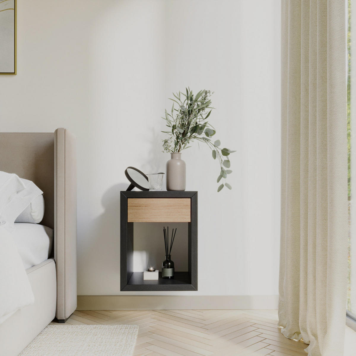 NACHTTISCH Hugo, Schwarz/Eiche, 30/30/39 cm - Schwarz, Holz (30/39/30cm) - WOODEK