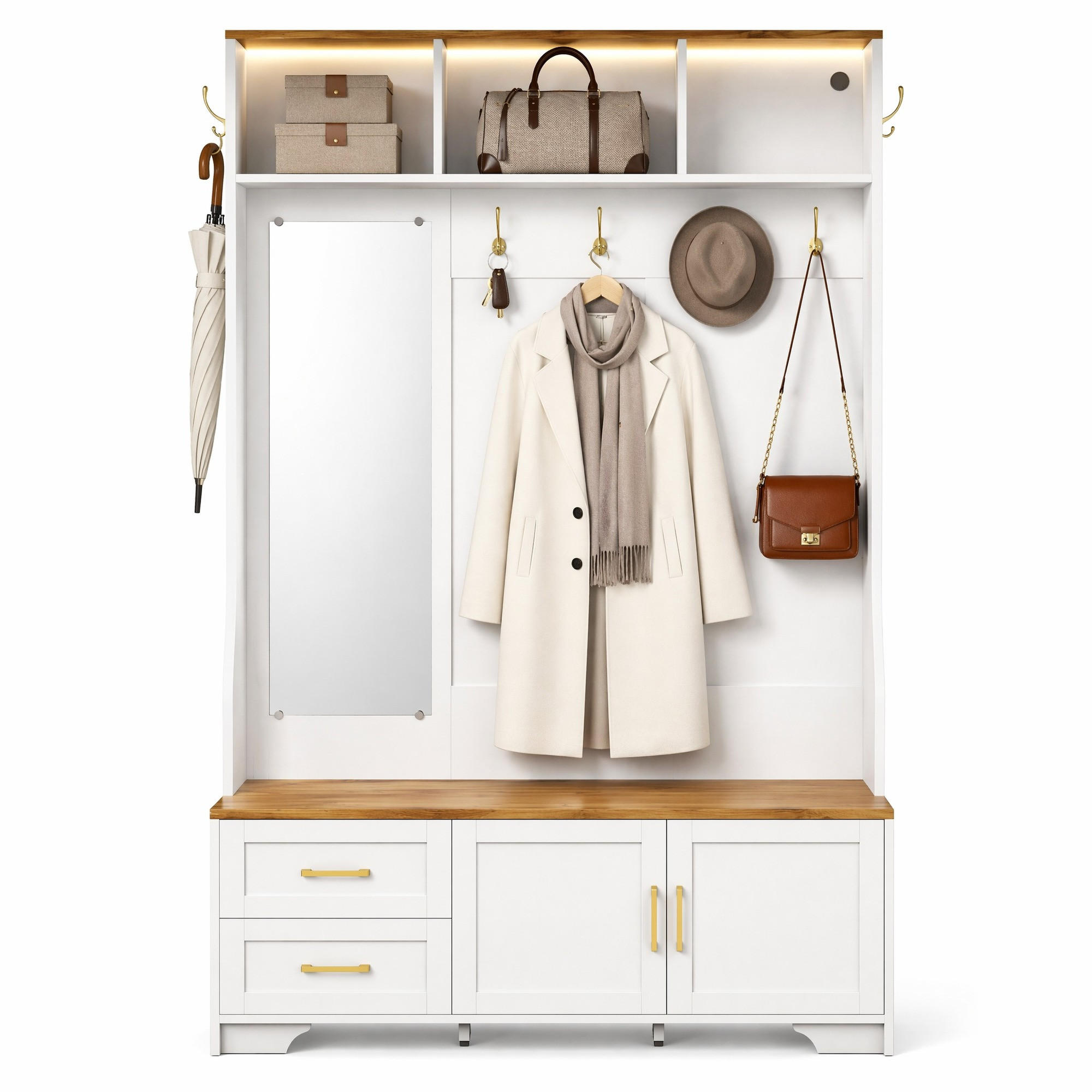 GARDEROBE-SET in Weiß mit Spiegel und LED-Beleuchtung für Eingangsbereich und Flur, B120/T40/H187 cm - Weiß/Naturfarben, Glas/Holzwerkstoff (120/187/40cm) - STILVORA