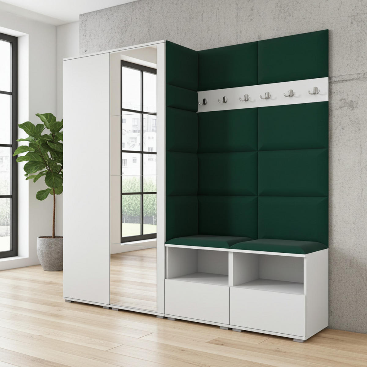 GARDEROBE NELA VI 200 cm (Kompaktgarderobe Weiß mit Spiegel & Sitzpolster Flaschengrün 28 Schrank & Paneel) - Dunkelgrün/Silberfarben, Holz/Holzwerkstoff (200/187/40cm) - Ravio