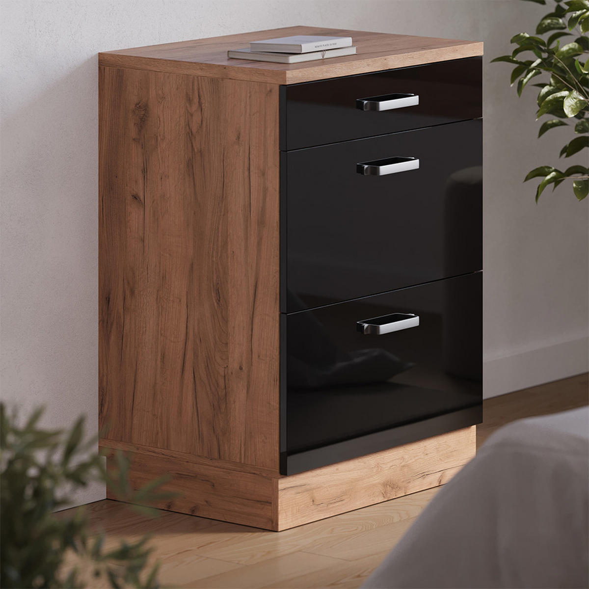 KUHINJSKA OMARA ZA POŠEVNE STREHE R-Line, Črna visok sijaj, 60 cm brez naklona z 3 predaloma - črna/medeni hrast, leseni material (60/83.8/46cm) - Vicco