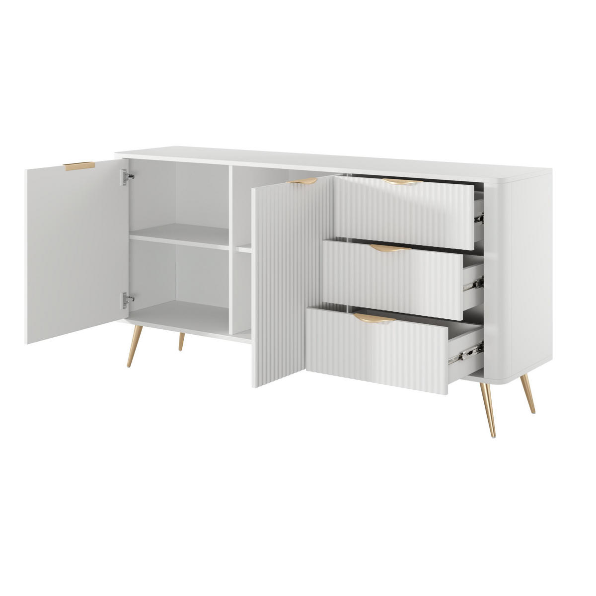 SIDEBOARD Vespasia 2T 3S Beige 163,2/81,2/38 cm – Geriffelte Fronten - Goldfarben/Weiß, Holzwerkstoff/Metall (163.2/81.2/38cm) - AX Living