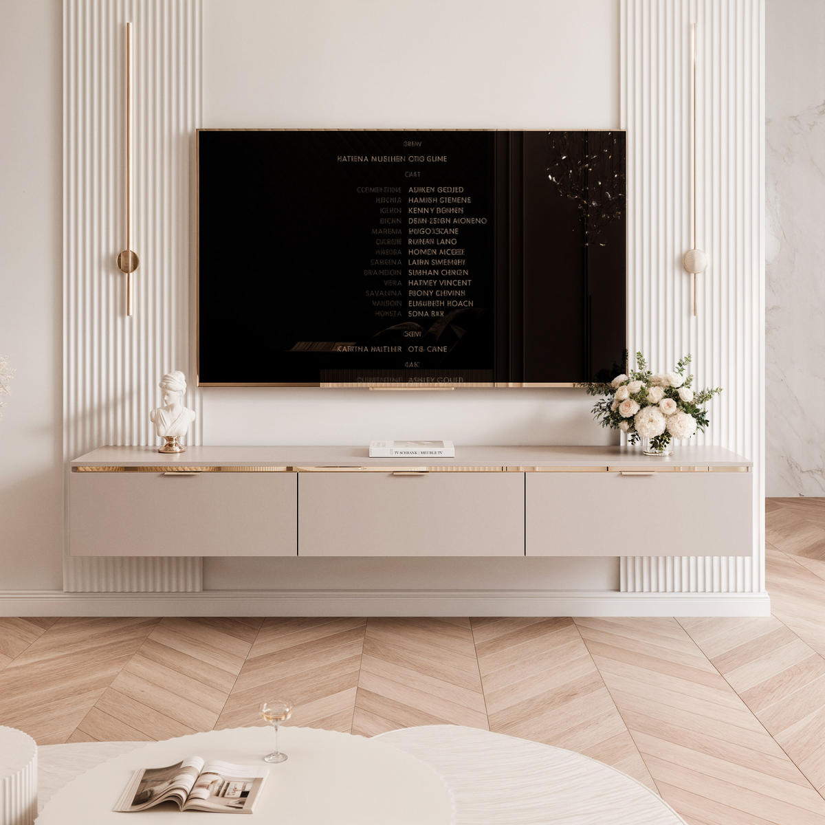 HÄNGENDER TV-Schrank SELIA 200 cm, Kaschmir mit goldener Zierleiste und Griffen, LED-Beleuchtung - Kaschmir, Holzwerkstoff (200/28.5/35cm) - Idohome