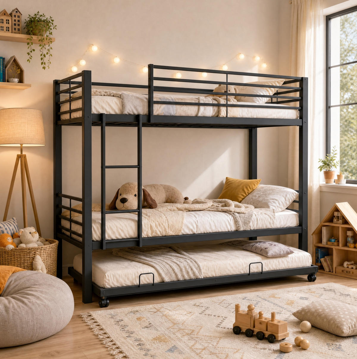 ETAGENBETT 90/200 cm in Schwarz aus Metall mit Bett für 3 Schlafplätze - Schwarz, Metall (90/200cm) - Flora Grace