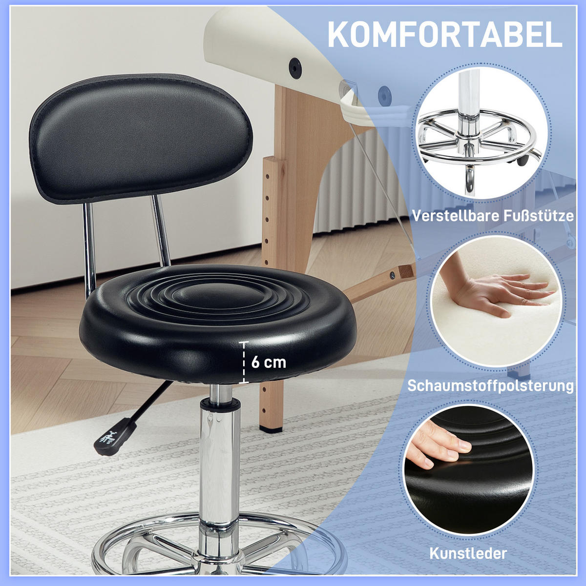 ROLLHOCKER höhenverstellbar mit Lehne und Fußstütze Kunstleder Schwarz - Schwarz, Metall (32/86/40cm) - Meubliv
