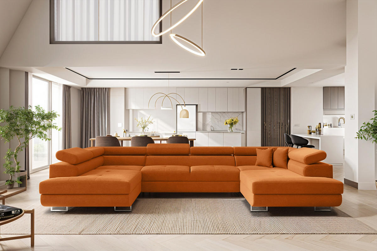 ECKSOFA Falio U-förmiges mit Schlaffunktion und Kopfstützen Velours Orange - Orange, Holz/Textil (202/345cm) - Kaiser Möbel