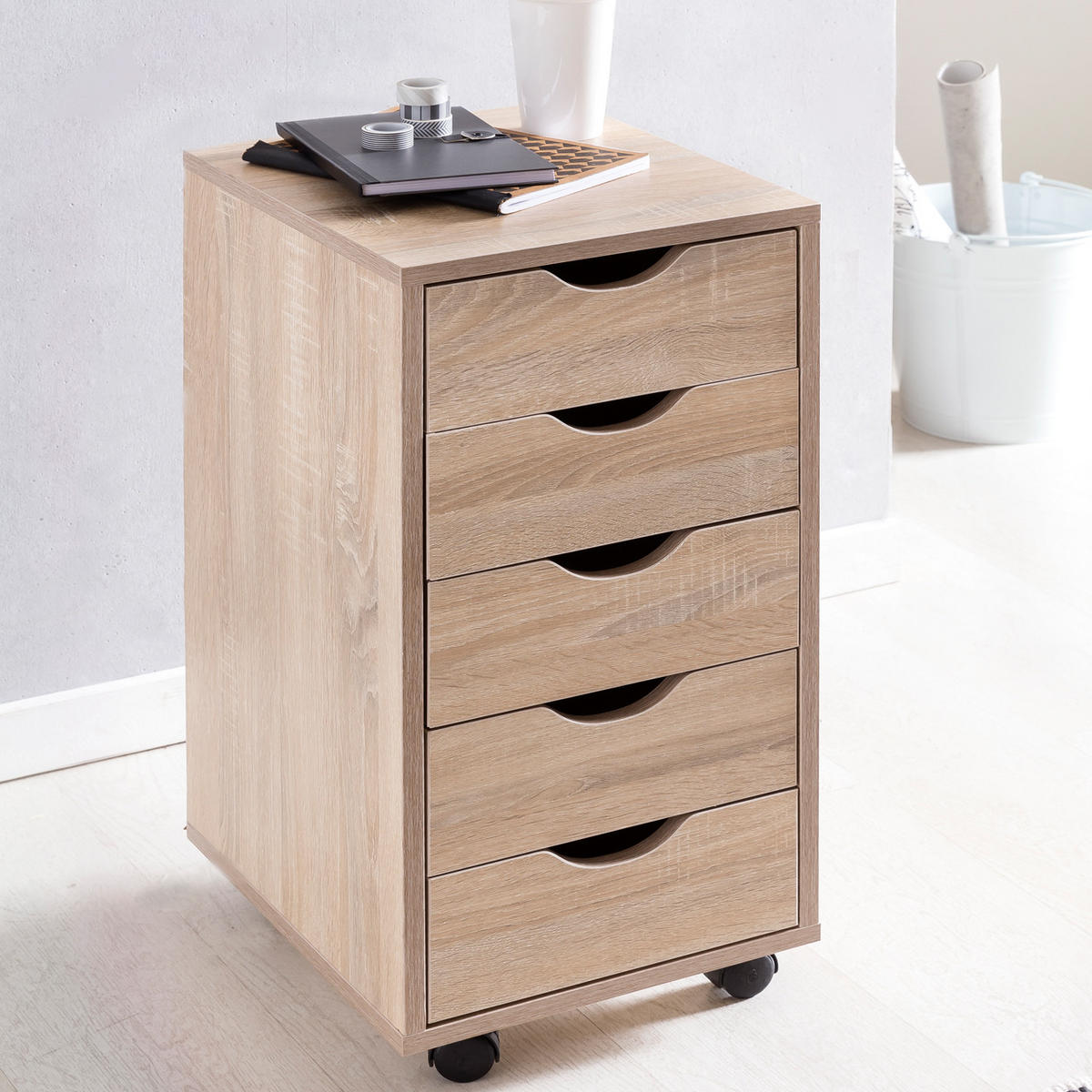 ROLLCONTAINER – MDF-Holz, Sonoma, 5 Schubladen, Rollen, für Büro oder Wohnzimmer - Beige/Schwarz, Holz/Kunststoff (38/64/33cm) - KADIMA DESIGN