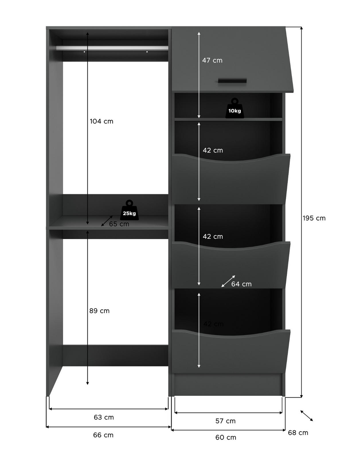 WASCHMASCHINENSCHRANK grau Set 2-teilig 126 x 196 cm, Waschmaschinenumbau mit Wäschefächern - Schwarz/Grau, Holzwerkstoff/Kunststoff (126/196/68cm) - Inn.Furn