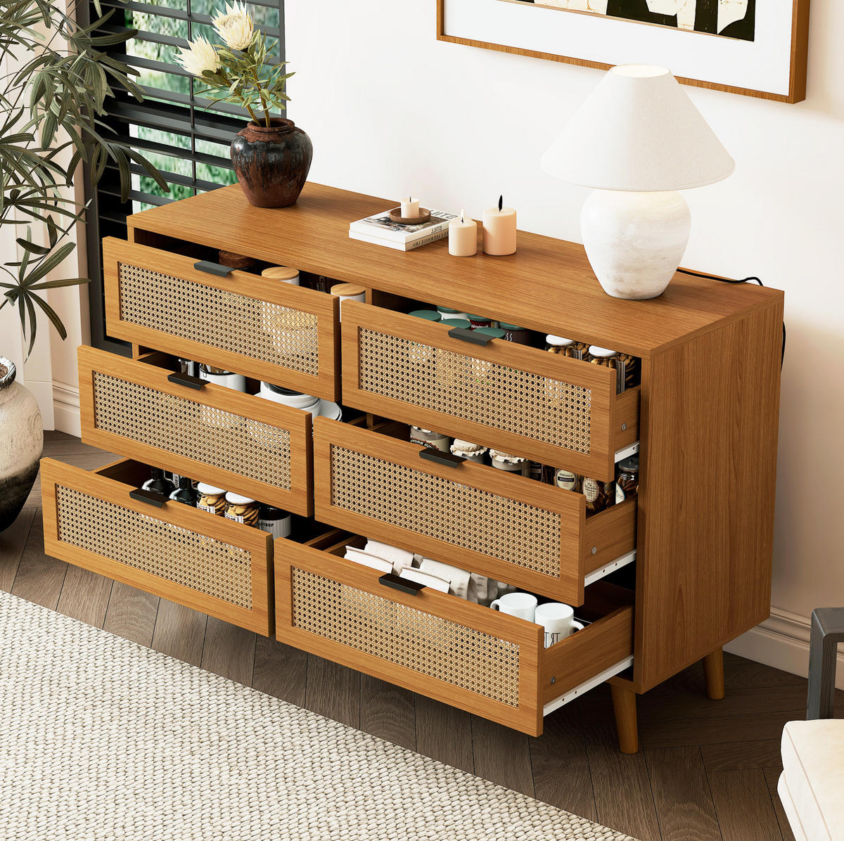 KOMMODE 120/40/76,5 cm mit 6 Schubladen, Metallgriffen und Retro-Design, Walnuss - Naturfarben, Holzwerkstoff (120/76.5/40cm) - Redom