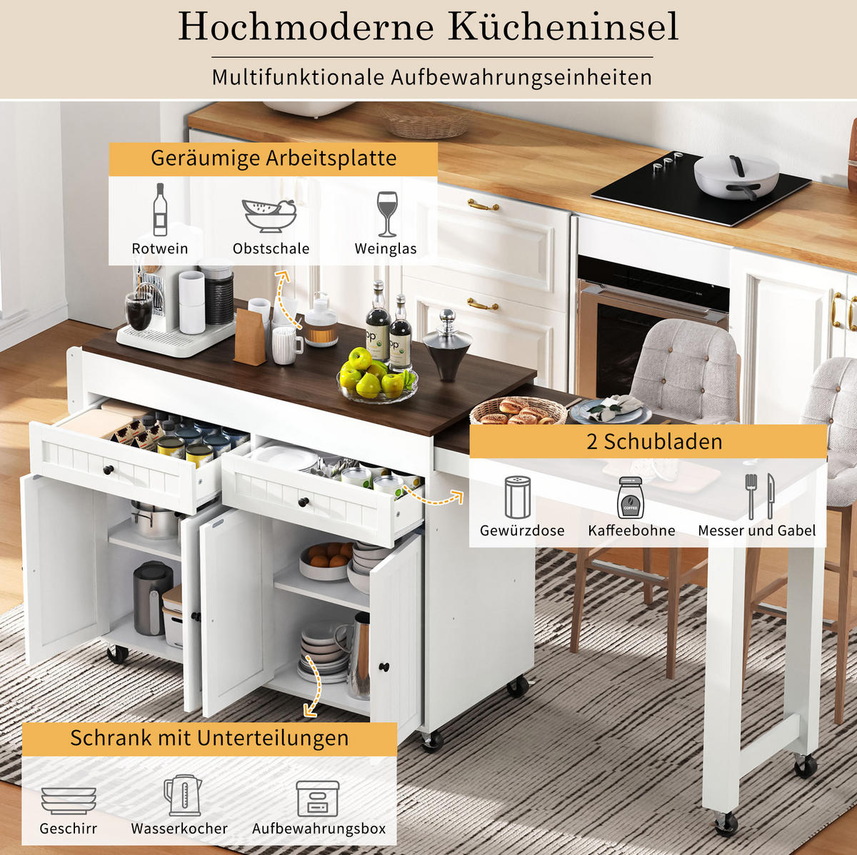 KÜCHENINSEL 112-180,5/45/92,2 cm mit ausziehbarer Arbeitsplatte, 7 Rollen und MDF-Korpus, Weiß/Walnuss - Weiß/Braun, Holzwerkstoff (180.5/92.2/45cm) - Redom