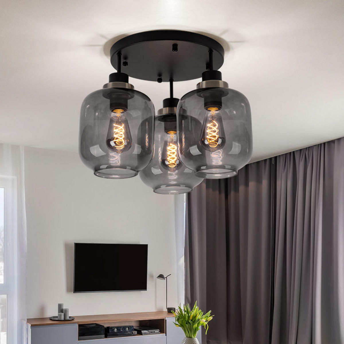 DECKENLEUCHTE Metall Schwarz matt rauch - Schwarz, Glas (45/45/33cm) - Globo Lighting