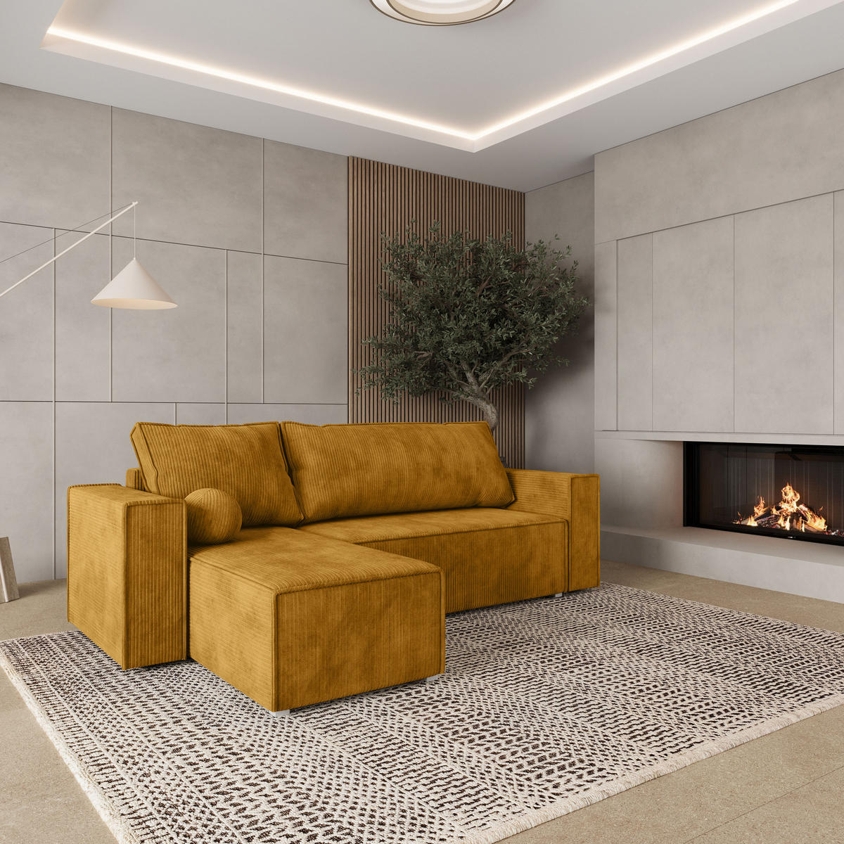 ROHOVÁ SEDAČKA RAVELO žlutá - šedá/žlutá, dřevo/textil (240/140cm) - MASSENO