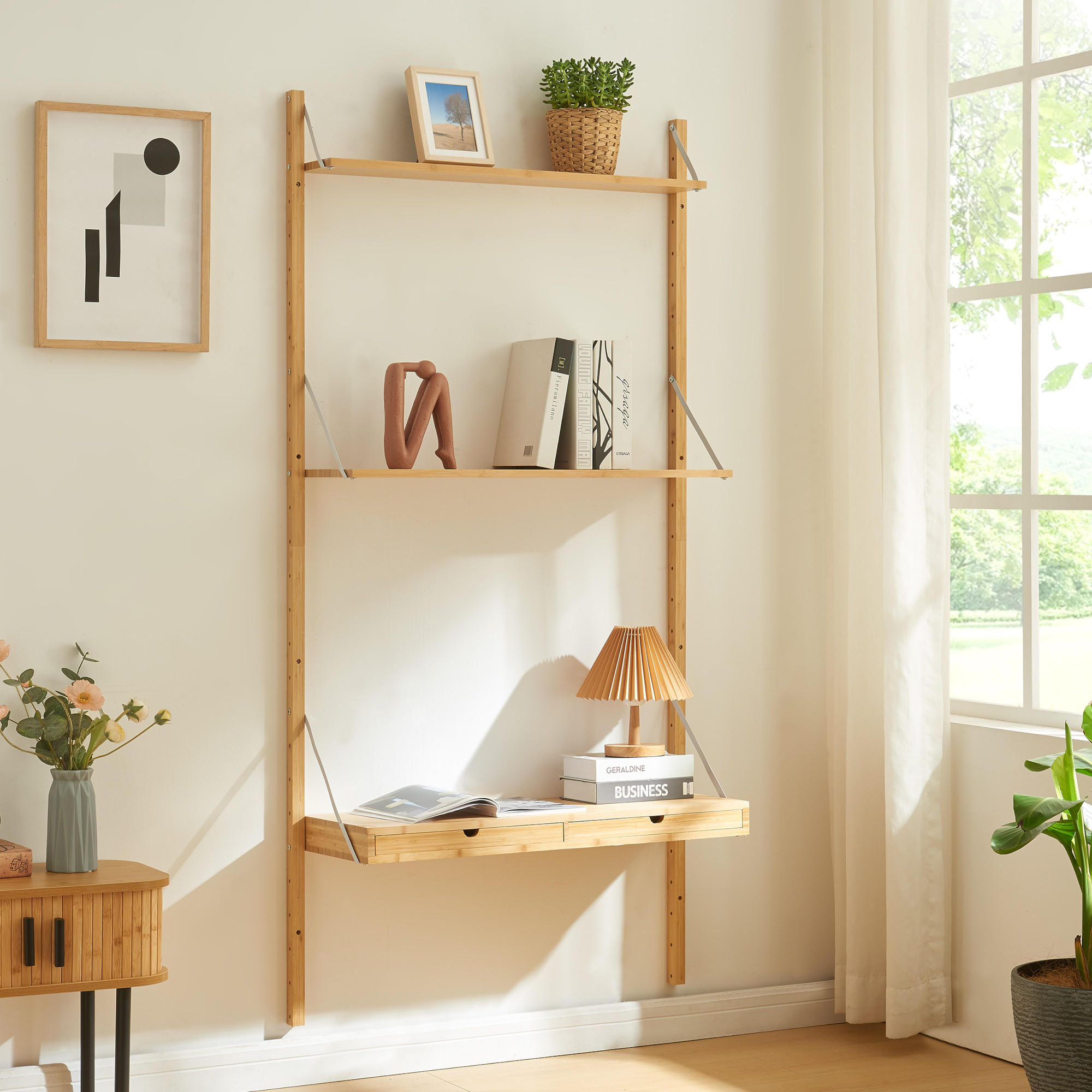 Thumbnail - [en.casa] Wandregal, Natur, Holz, Bambus, 2 Schubladen, 85x176x31.5 cm, Wohnzimmer, Regale, Wandregale