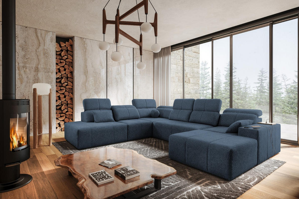 ECKSOFA Multifunktional Mindy X Stoff Verita Blau Rechts - Blau, Holz (359/300cm) - Kaiser Möbel