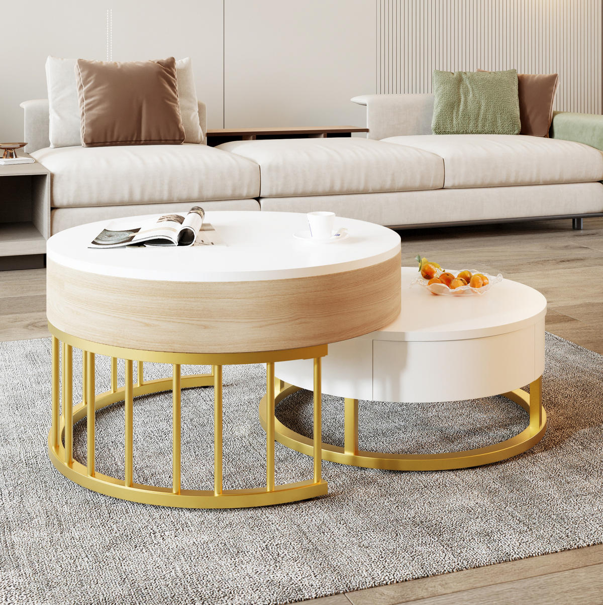 COUCHTISCH 2er-Set rund höhenverstellbar MDF Weiß Gold - Weiß, Holz (70/70/56cm) - Meubliv