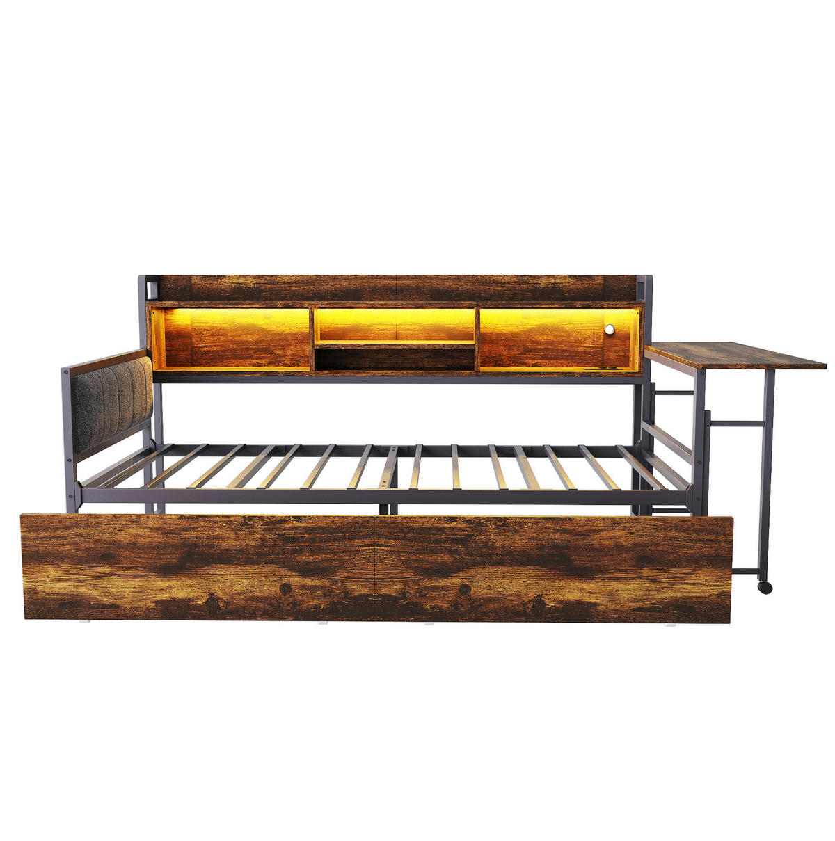 MULTIFUNKTIONSBETT aus Metall 90x200 cm Weiß/Holzfarbe mit LED, Steckdose, ausziehbarem Schreibtisch und 2 Schubladen - Naturfarben, Metall (90/200cm) - Modfu
