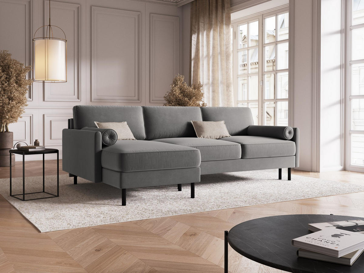AUSKLAPPBARES-ECKSOFA links mit Container Scott aus Samt hellgrau 5 Sitzplätze - Hellgrau, Textil (142/212cm) - Micadoni