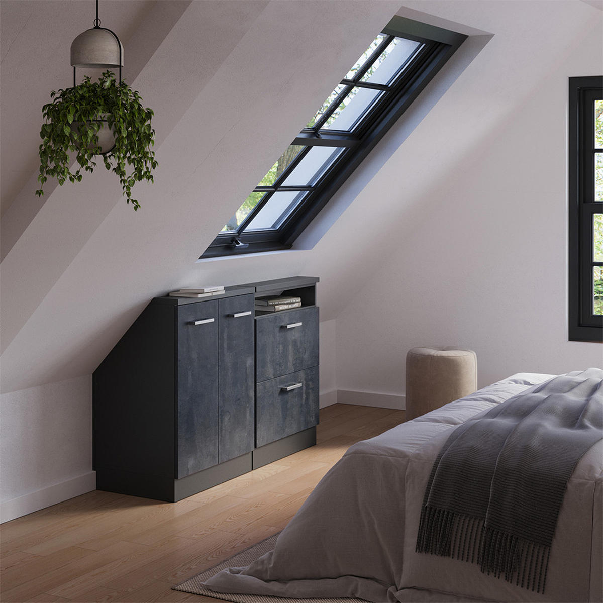 KUCHYŇSKÁ SKŘÍŇKA POD ŠIKMOU STŘECHU R-Line Černý beton/antracit - černá/antracitová, kompozitní dřevo (120/81.6/46cm) - Vicco