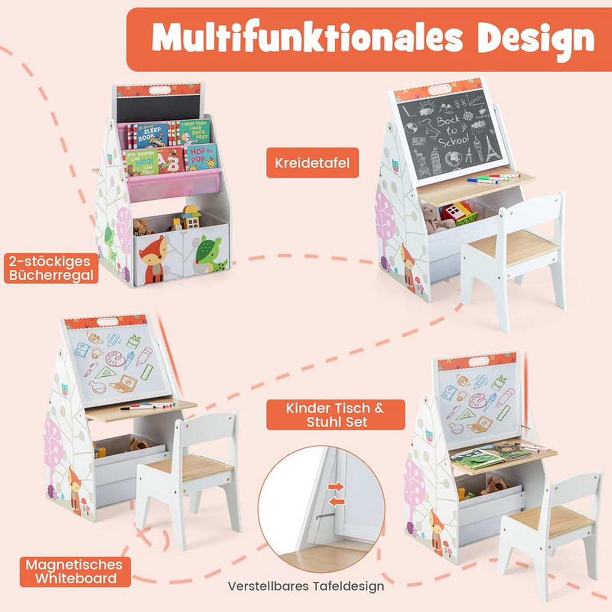 KINDERSITZ-SET mit magnetischer Whiteboard-Tafel weiß(2-tlg) - Weiß, Holzwerkstoff (50/85/50cm) - COSTWAY