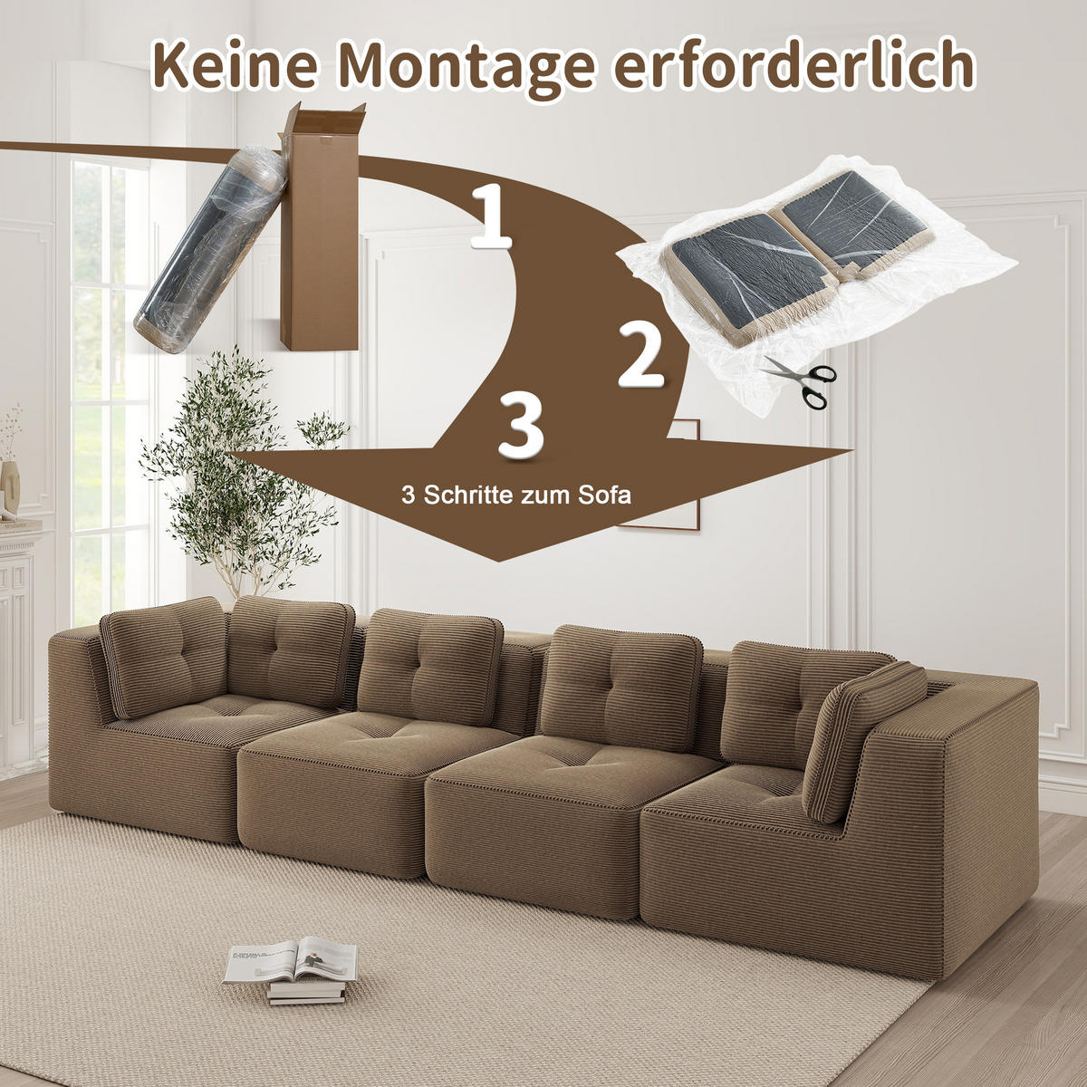 ECKSOFA mit tiefer Sitzfläche und weichen Kissen aus Cord - Braun, Textil (386/104cm) - EVRYAE