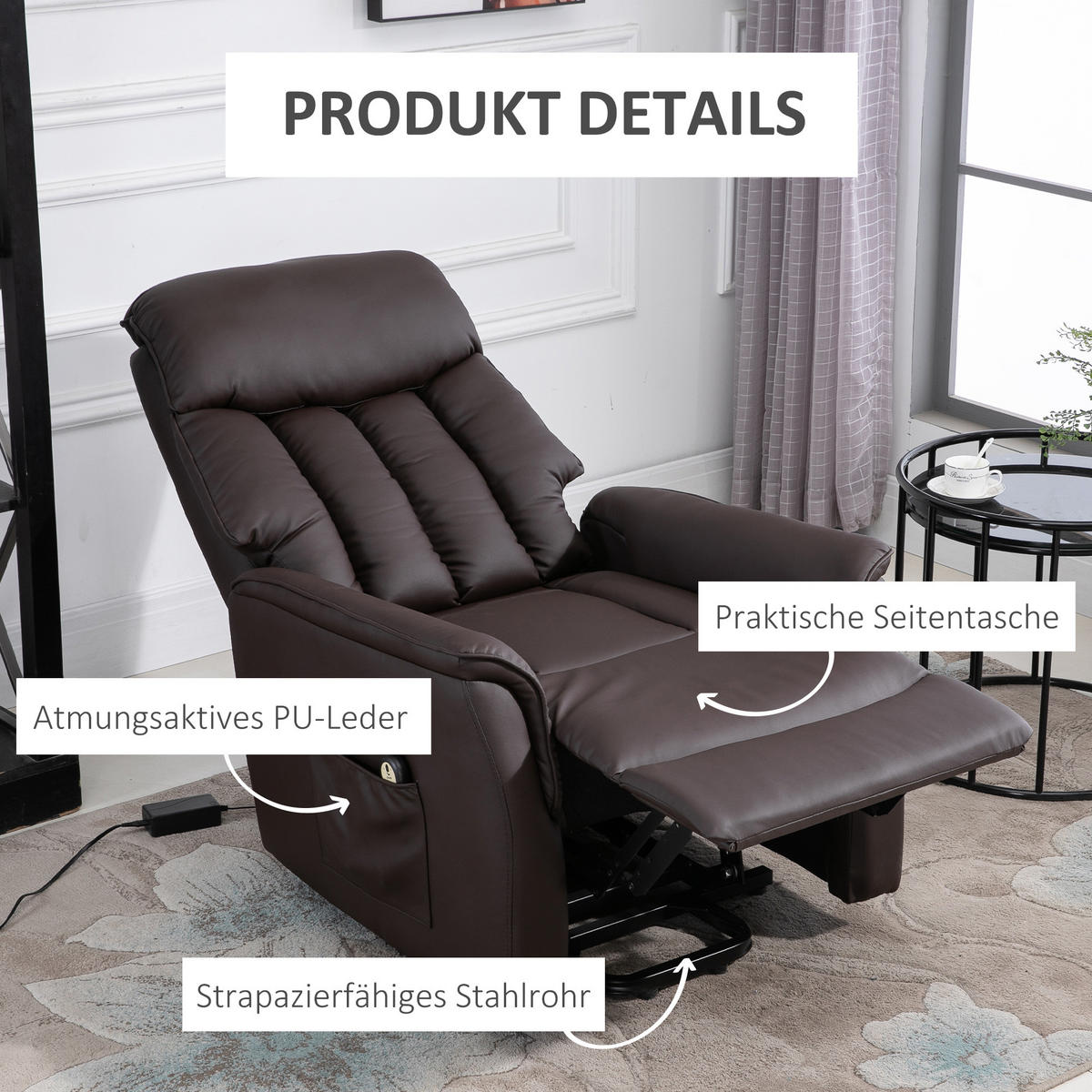 AUFSTEHSESSEL mit Aufstehhilfe Fernsehsessel Liegefunktion Kunstleder Braun - Schwarz/Braun, Leder/Kunststoff (94/104/80cm) - HOMCOM