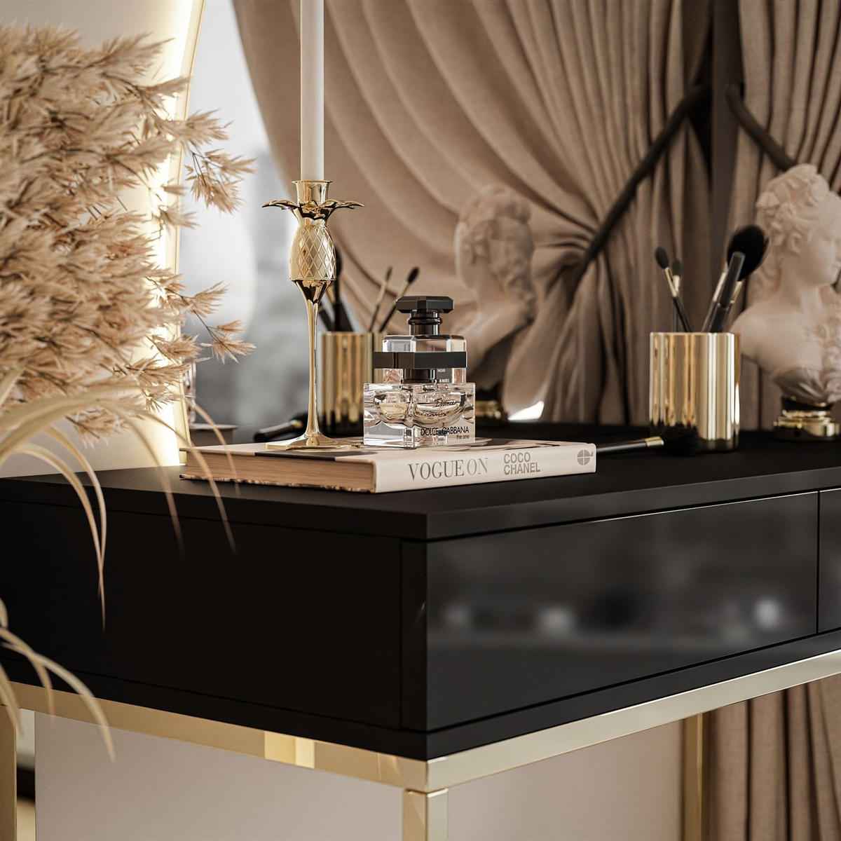 SCHMINKTISCH schwarz QUINNIE mit LED-Spiegel gold Chrom links PUSH OPEN - Goldfarben/Schwarz, Holzwerkstoff (100/176/42cm) - Lookway