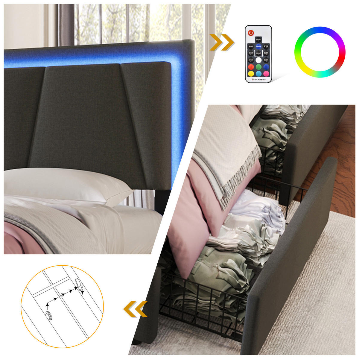 POLSTERBETT 90/200 cm grau mit LED-Beleuchtung und zwei Schubladen - Grau, Holz (90/200cm) - OKWISH