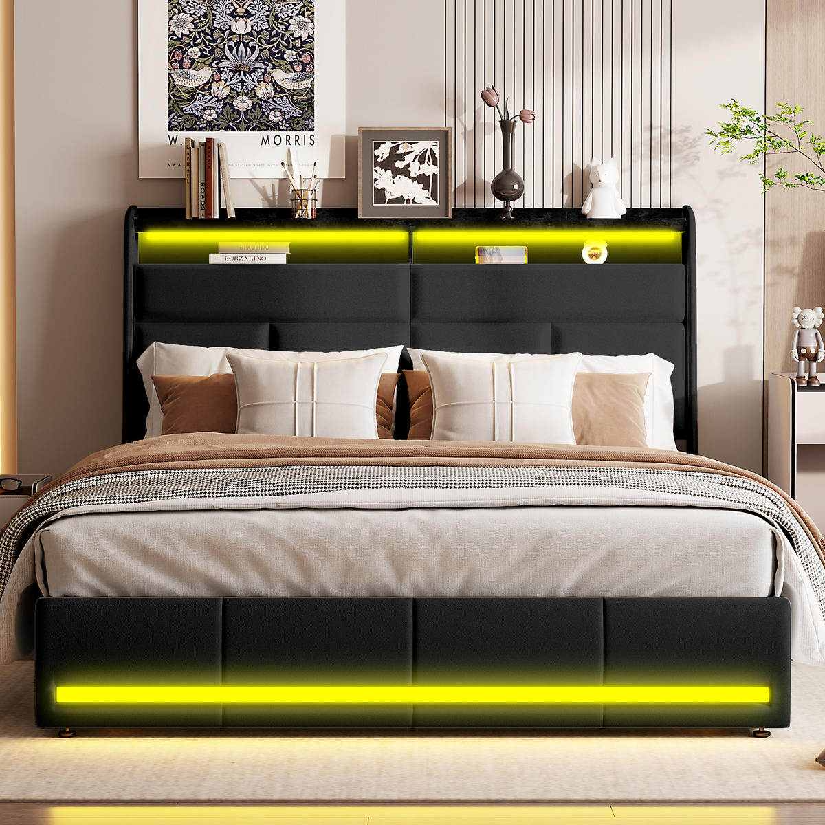 POLSTERBETT 160x200 cm, Schwarz, Doppelbett mit LED-Beleuchtung - Schwarz, Textil/Metall (160/200cm)