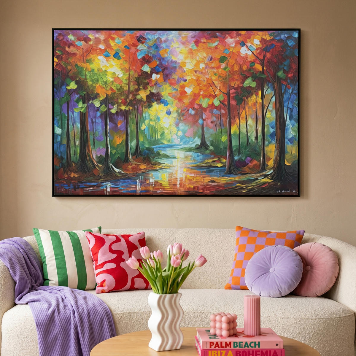LEINWAND Bilder mit Rahmen - Landschaft - Wald - Farben - Natur - 150x100 - Multicolor, Textil (150/100cm) - MuchoWow