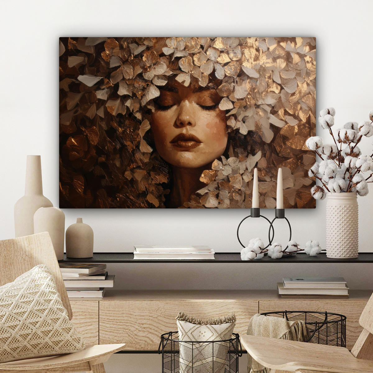 LEINWANDBILD Gesicht - Dame - Blätter - Pinselstriche Wanddeko 90x60 cm - Goldfarben, Textil (90/60cm) - MuchoWow