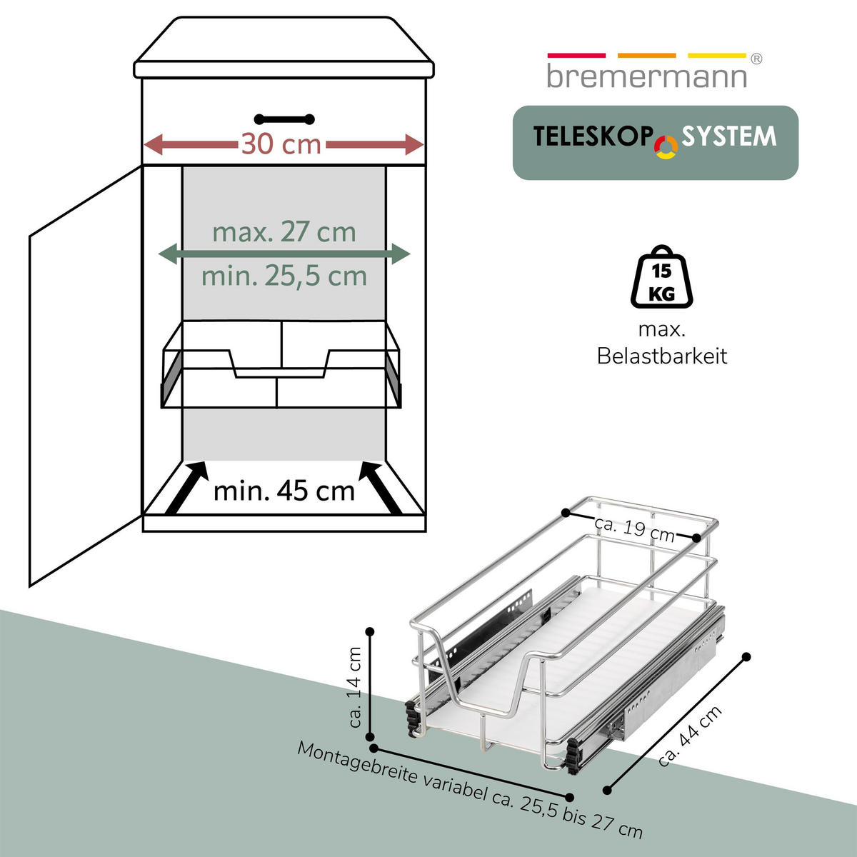 TELESKOPSCHUBLADE 30 cm, chrom, Metall - Chromfarben, Metall (27/14/44cm) - bremermann